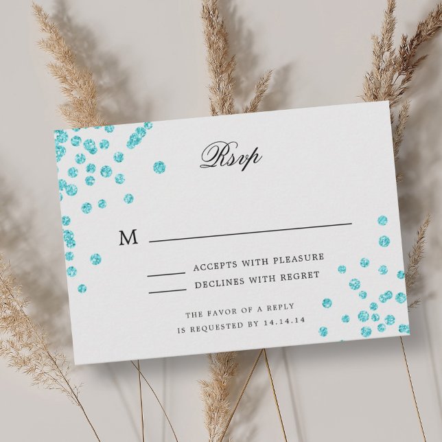 Elegant Script Wedding RSVP Turquoise Confetti  Card (Elegant Script Wedding RSVP Turquoise Confetti)