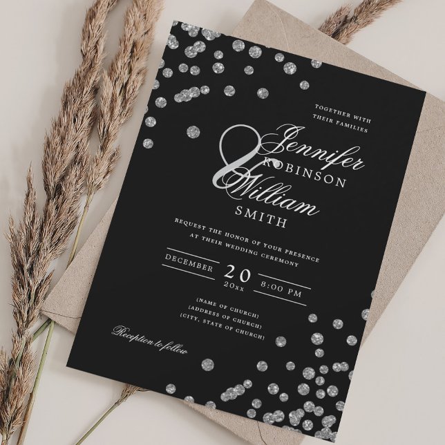 Elegant Script Wedding Silver Confetti QR Black Invitation (Elegant Script Wedding Silver Confetti QR Black Invitation)