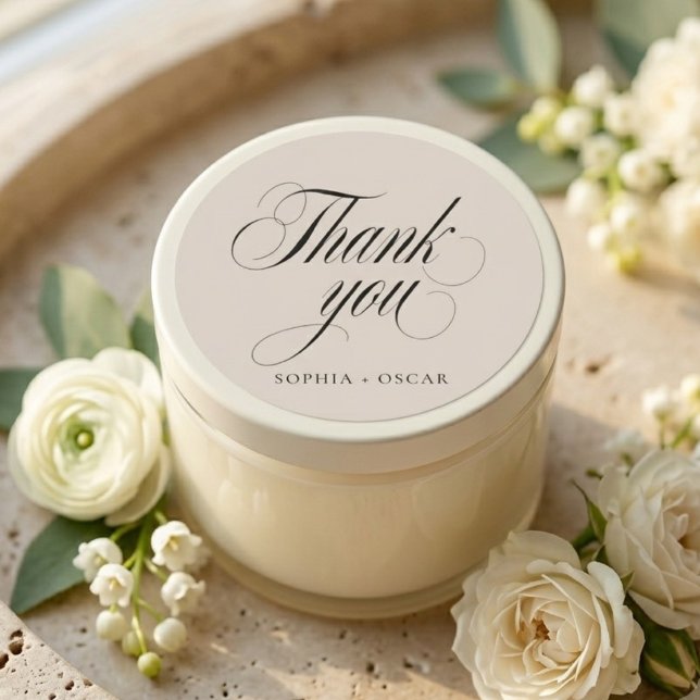 Elegant Script Wedding Thank You Beige Classic Round Sticker (Creator Uploaded)