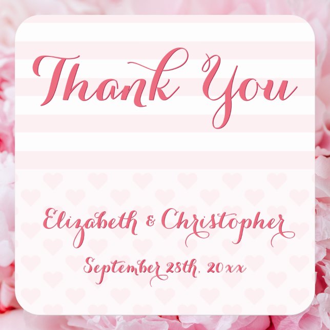 Elegant Script Wedding Thank You Favours Pink Hear Square Sticker (Elegant Script Wedding Thank You Favors Pink Heart Square Sticker)