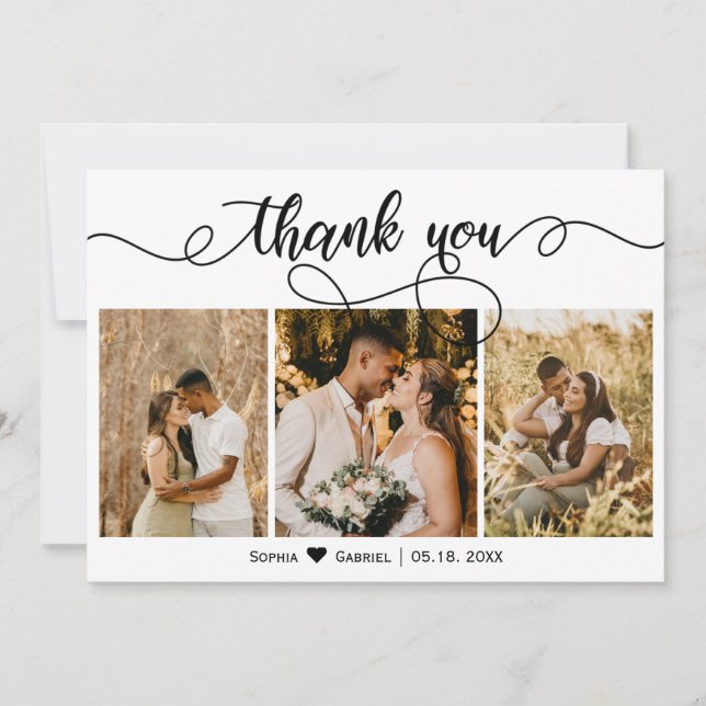 Elegant Script Wedding Three Photo Collage  Thank You Card (Front)