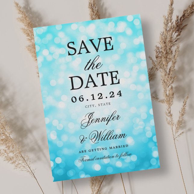 Elegant Script Wedding Turquoise Bokeh Lights  Save The Date (Elegant Script Wedding Turquoise Bokeh Lights Save The Date)