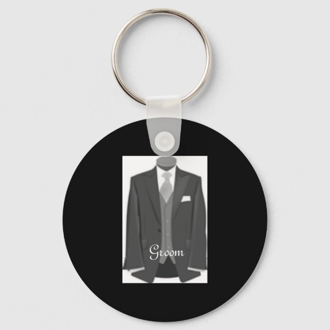 Elegant Script Wedding Tuxedo Suit Groom Keychain (Front)