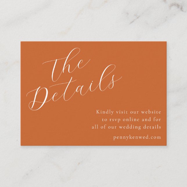Elegant Script Wedding Website QR Code Terracotta Enclosure Card (Front)
