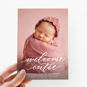 Elegant Script Welcome Cutie Photo Birth Announcement