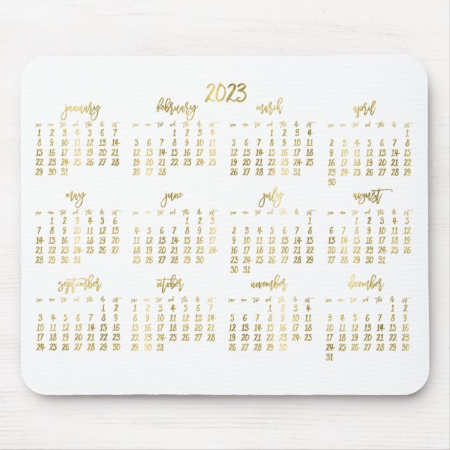 Elegant Script White And Faux Gold Calendar 2023 Mouse Pad (Front)