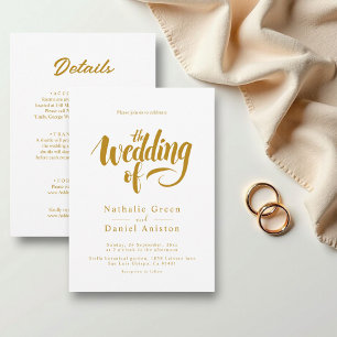 Elegant Script White and Gold Calligraphy Wedding Invitation