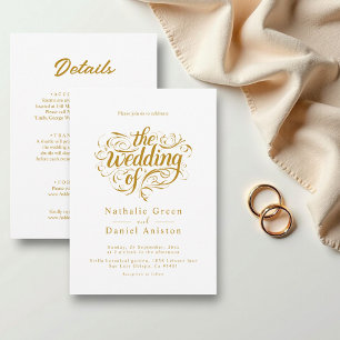 Elegant Script White And Gold Classic Wedding Invitation