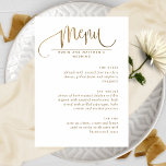 Elegant Script, White and Gold Wedding Menu<br><div class="desc">Attractive white and gold Menu with modern hand written calligraphy details and use of block typography. Elegant, clean and simple contemporary look. Ability to add your own menu details. If needed, you can adjust text space, size or style by selecting customise further. Back with stylish sleek stripes, menu in hand...</div>