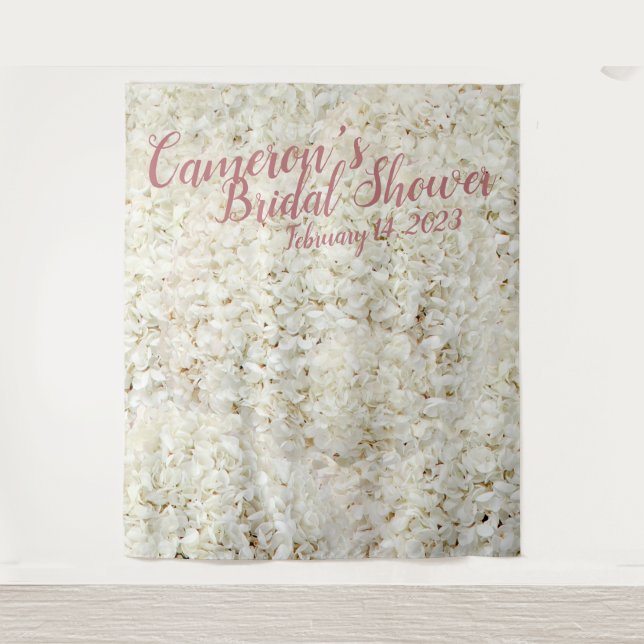 Elegant Script White Floral Bridal Shower Backdrop Tapestry (Front)