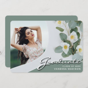 Elegant Script White Flowers   Modern Photo Grad Announcement