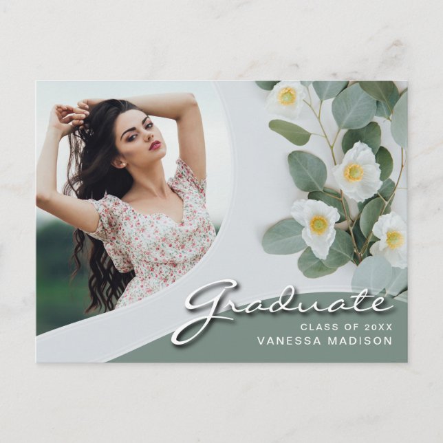 Elegant Script White Flowers | Modern Photo Grad Postcard (Front)