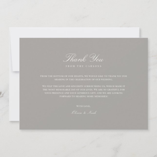 Elegant Script White & Gray Thank you Card (Front)