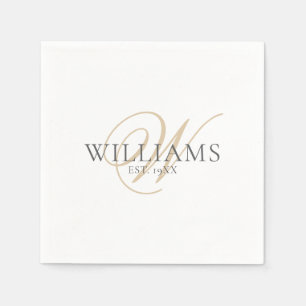 Elegant Script White Grey Gold Monogram Napkin