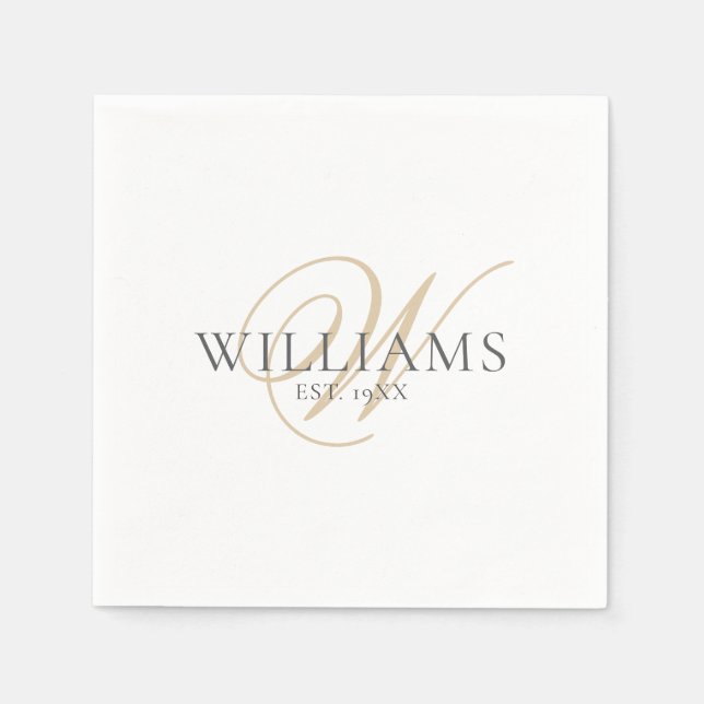Elegant Script White Grey Gold Monogram  Napkin (Front)