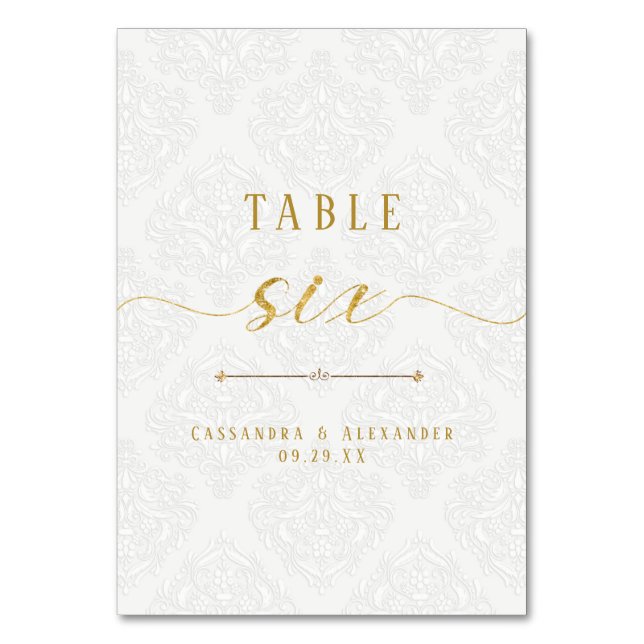 Elegant Script White Lace Gold 6 Six Wedding Table Number (Front)