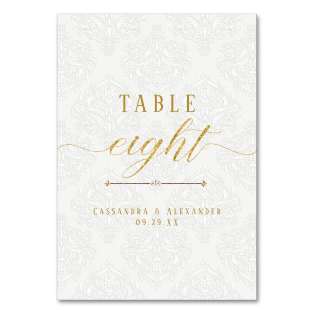 Elegant Script White Lace Gold 8 Eight Wedding Table Number (Front)