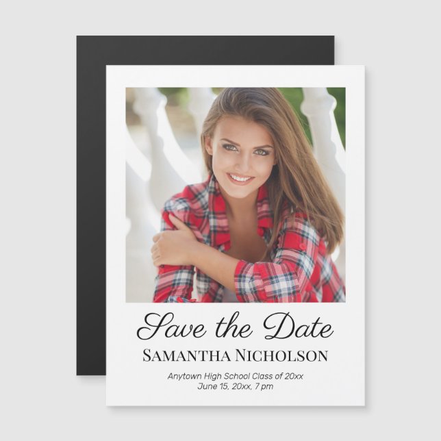 Elegant Script White Photo Graduation Save Date (Front/Back)