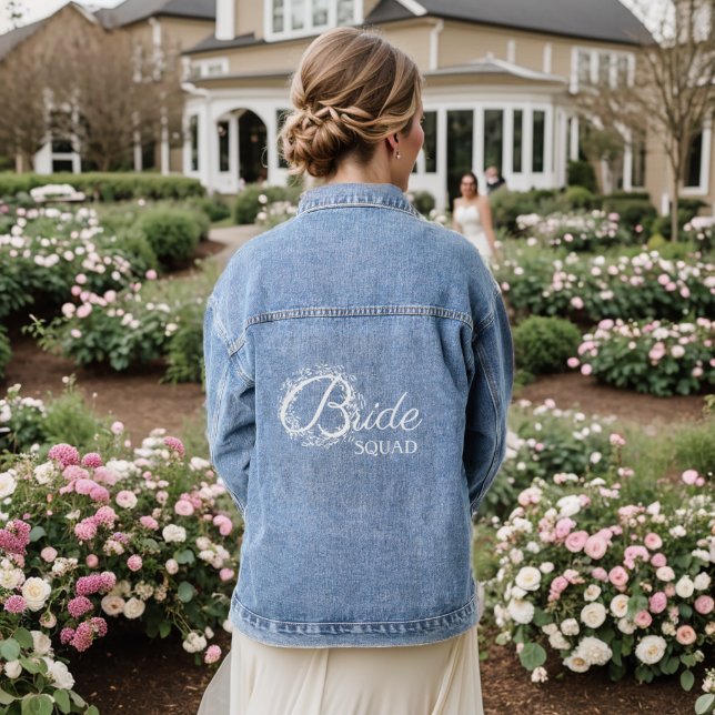 Elegant Script White Wreath Bride Squad Wedding Denim Jacket (Wedding Back)
