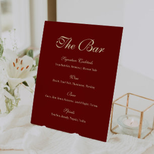 Elegant Script Wine Red Wedding Bar Menu Pedestal Sign