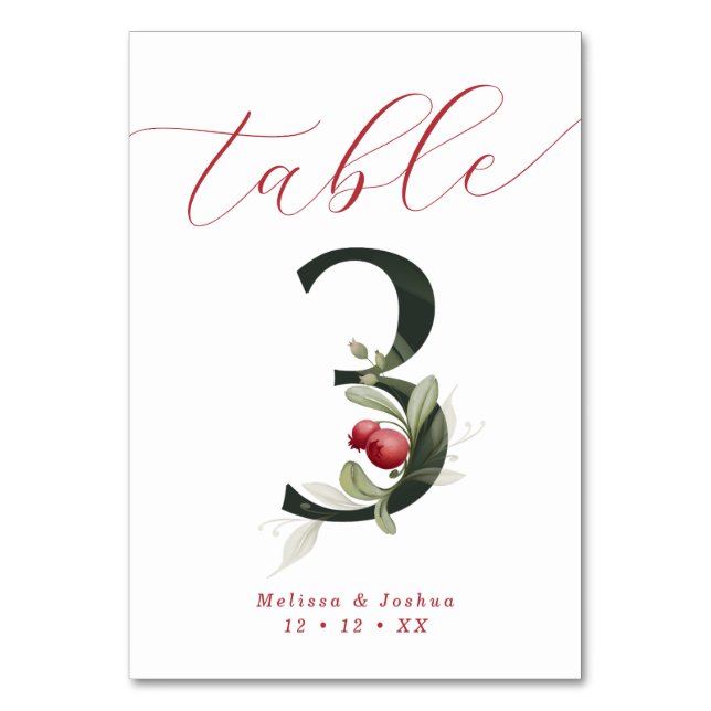 Elegant Script Winter Berries Table 3 Table Number (Back)