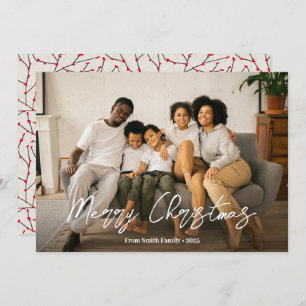 Elegant Script Winterberry Pattern Family Photo  Holiday Card
