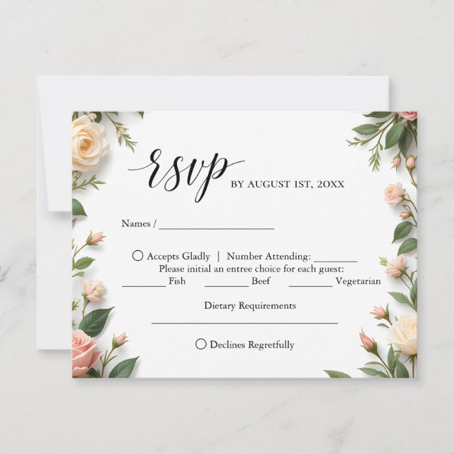 Elegant Script with Floral and Meal Choice RSVP Card (Front)