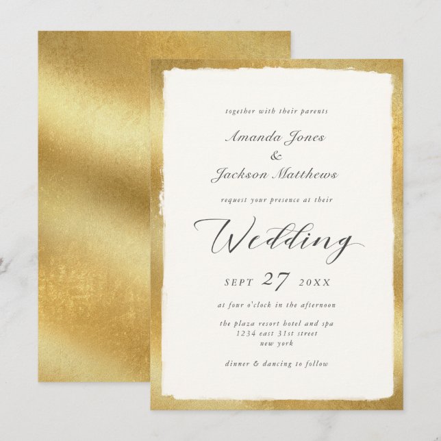 Elegant Script with Gold Edge Semi Formal Wedding Invitation (Front/Back)