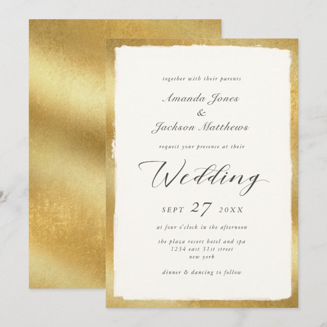 Elegant Script with Gold Edge Semi Formal Wedding Invitation (Front/Back)