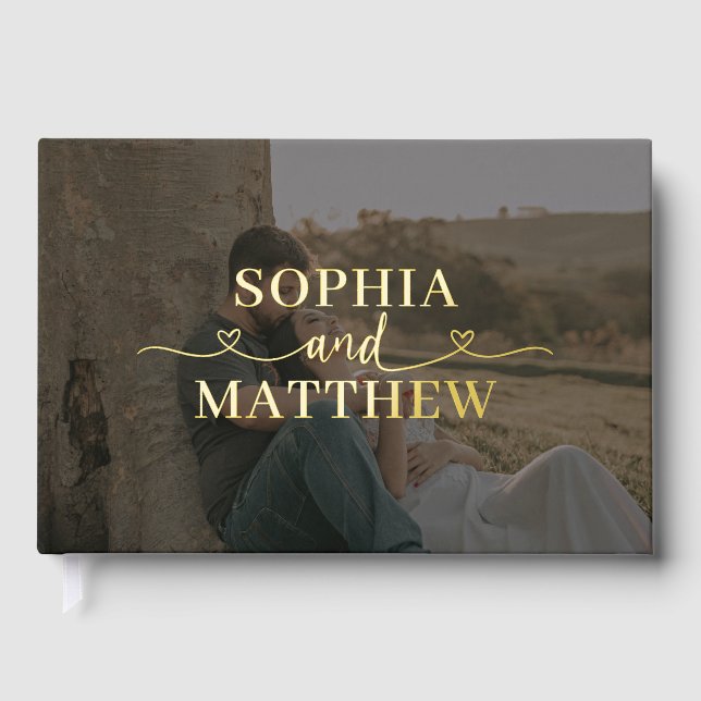 Elegant Script with Heart Photo Wedding Guest Book (Front)