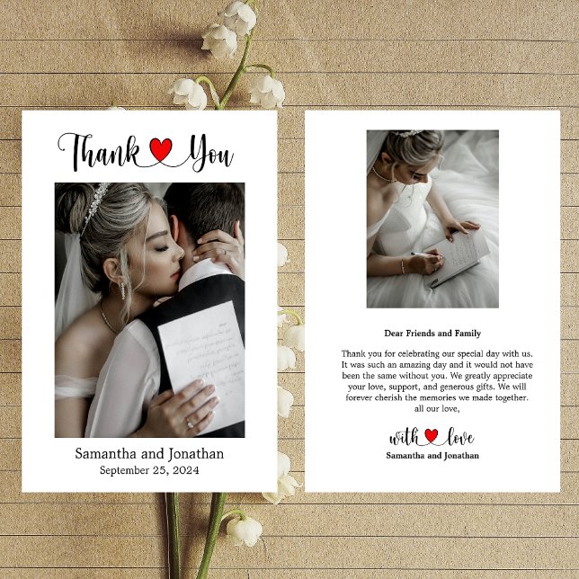 Elegant Script with Red Heart Wedding Photo Thank You Card (Creator Uploaded)