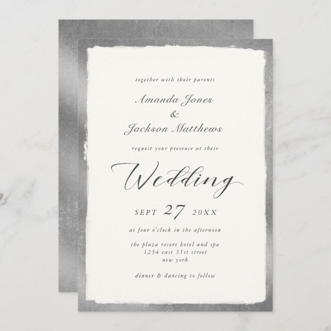 Elegant Script with Silver Edge Minimal Wedding Invitation (Front/Back)
