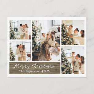 Elegant Script Wood Texture 5 Photo Christmas Holiday Postcard