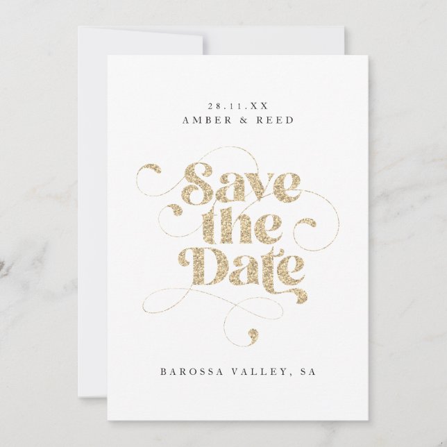 Elegant Script Words Gold Faux Glitter  Save The Date (Front)