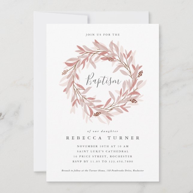 Elegant Script Wreath Watercolor Baptism Invitation (Front)