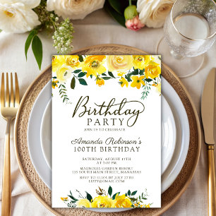 Elegant Script Yellow Rose Floral 100th Birthday Invitation