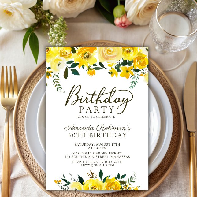 Elegant  Script Yellow Rose Floral 60th Birthday Invitation (Creator Uploaded)