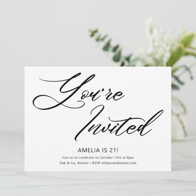 Elegant Script You're Invited 21st Birthday White Invitation (Standing Front)