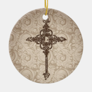 Elegant Scroll Christian Cross w/Swirl Background Ceramic Tree Decoration