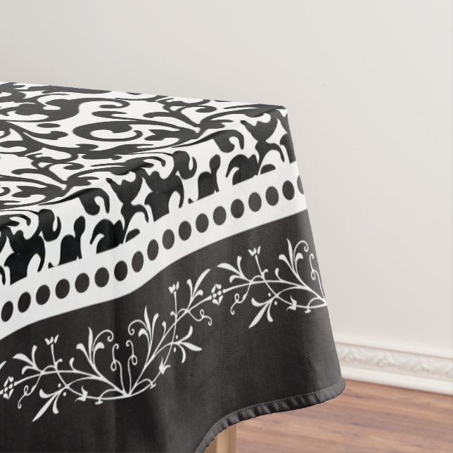 Elegant Scroll Damask Black and White Tablecloth (In Situ)