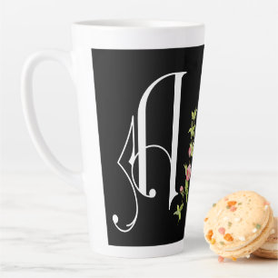 Elegant Scroll Monogram with Floral Twig Latte Mug
