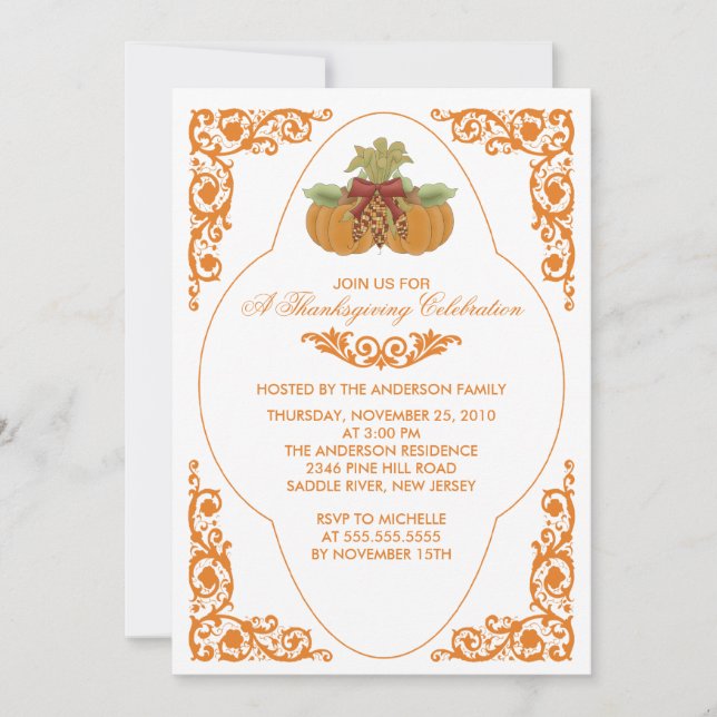 Elegant Scroll Thanksgiving Dinner Invitations (Front)