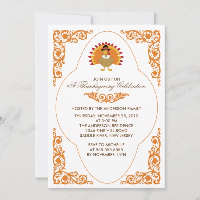 Elegant Scroll Turkey Thanksgiving Invitations (Front)