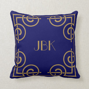 Elegant Scrolled Border, Monogram, Gold on Navy Cushion