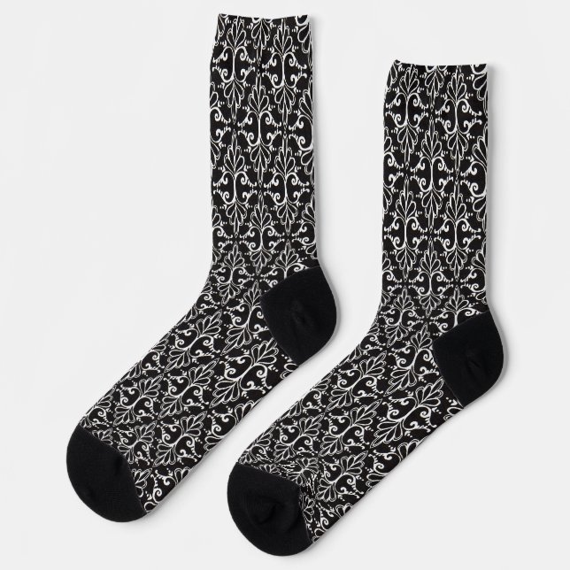 Elegant Scrolled Damask Pattern Black White Socks (Left)