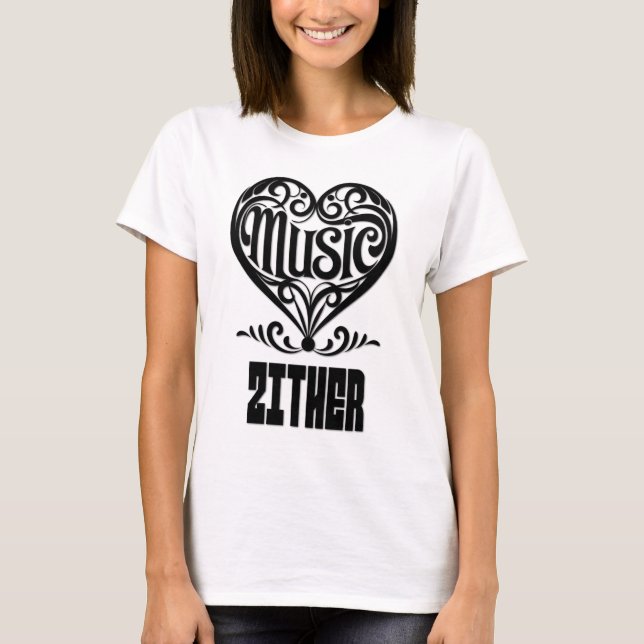 Elegant Scrolled Heart for Zither Lovers T-Shirt (Front)