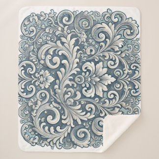 Elegant Scrolling Damask Pattern in Soft Blue and  Sherpa Blanket