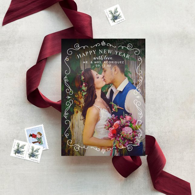 Elegant Scrolls Happy New Year Burgundy Photo Holiday Card (Creator Uploaded)