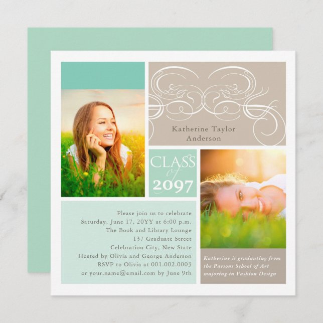 Elegant Scrolls Mint Two Photo Graduation Party Invitation (Front/Back)