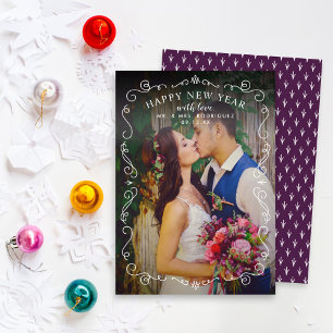 Elegant Scrolls Plum Newlywed New Year Photo Holiday Card